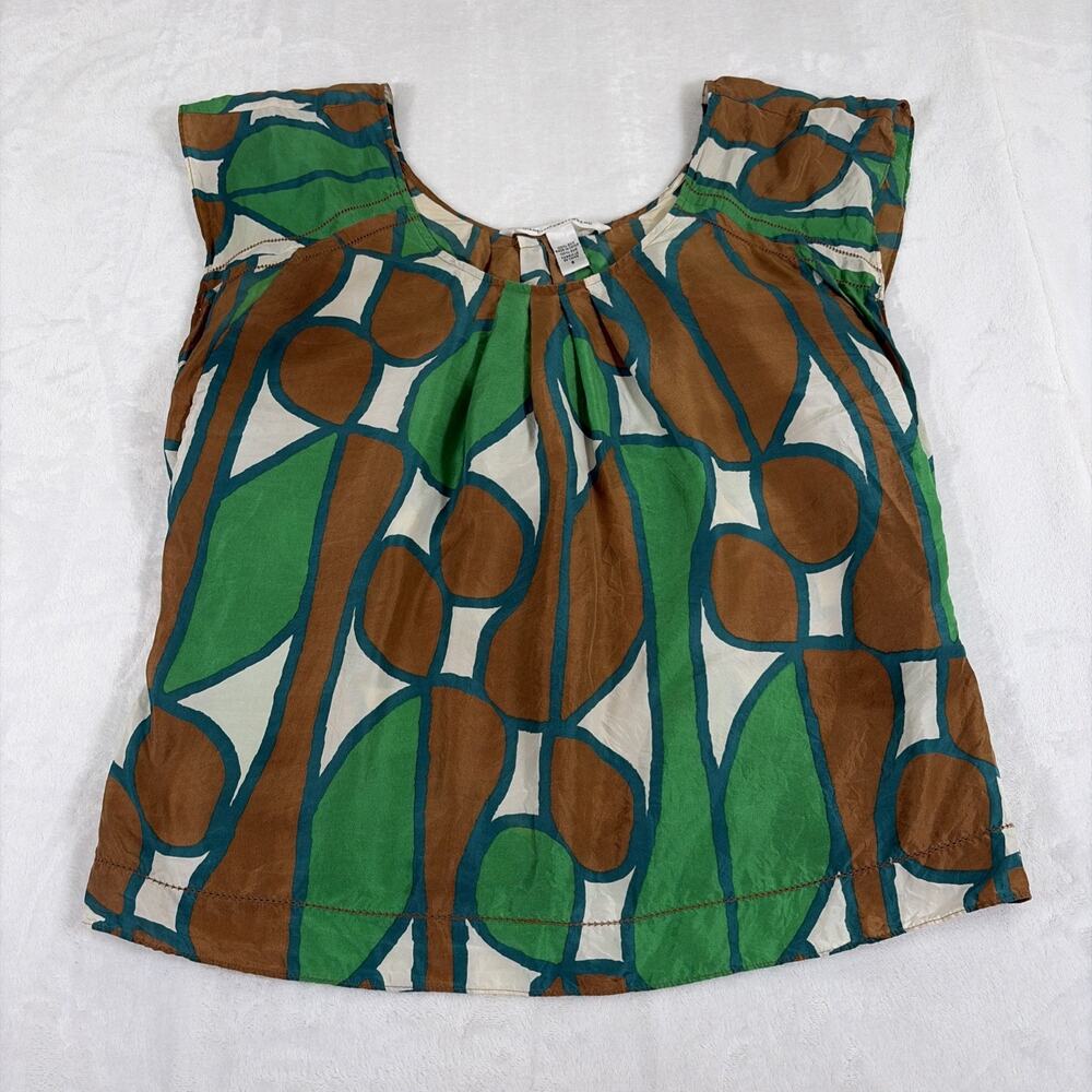 DIANE von FURSTENBERG 100% Silk Geometric Blouse Green Brown White Size 6 Chrty